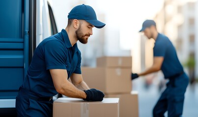 A dedicated delivery worker organizes boxes for efficient shipping. The scene captures the essence of logistics and teamwork in a bustling urban environment.