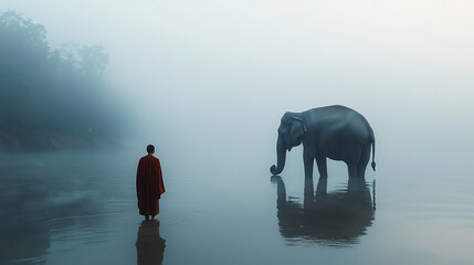 Obraz premium Serene Encounter Between Monk and Elephant in Tranquil Misty Landscape