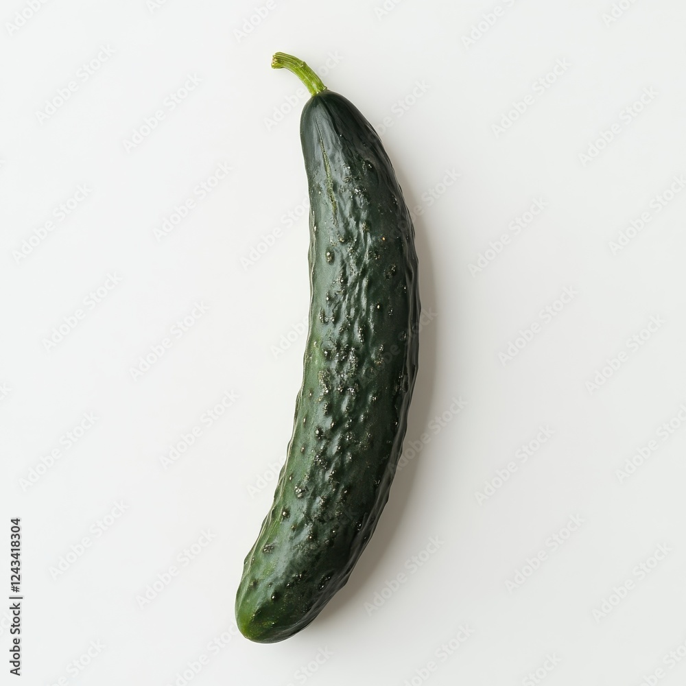 Poster fresh cucumber with textured green skin lying horizontally on clean white background