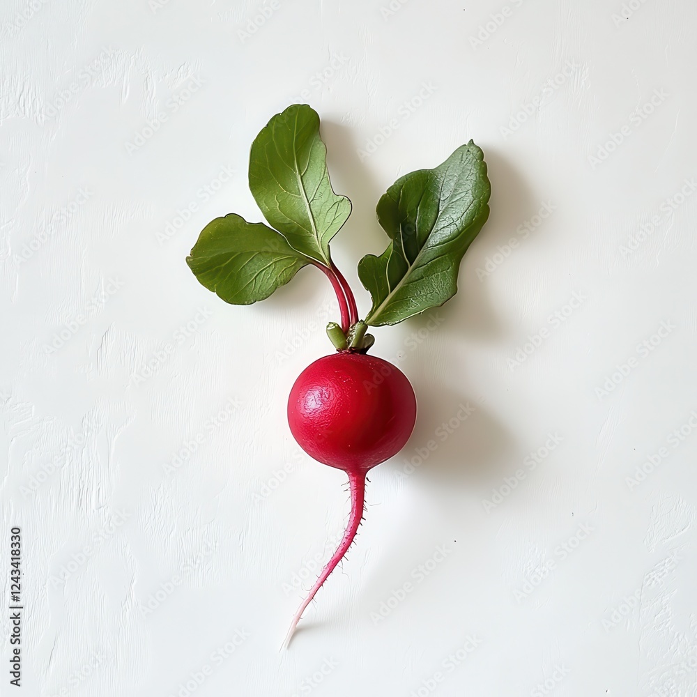 Poster fresh radish with vibrant red surface and green leaves on a pristine white background showcasing nat