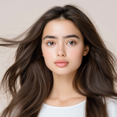 Naklejka premium Unrealistic beauty captured with flawless skin and flowing hair for high-end cosmetics
