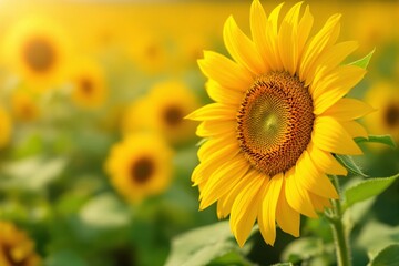 Fototapeta premium Close-up of a vibrant sunflower in full bloom with a blurred background of a sunflower field. Warm sunlight enhances the golden petals. Ai generative