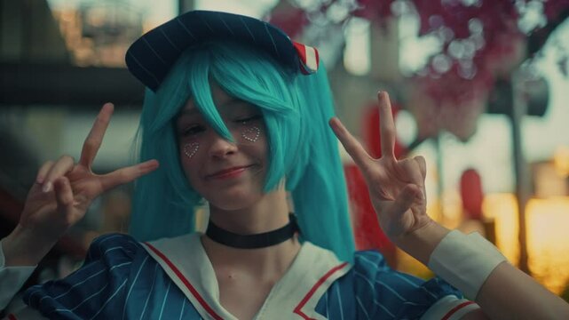 A vibrant cosplay of a character with aqua blue hair, embodying creativity in the anime