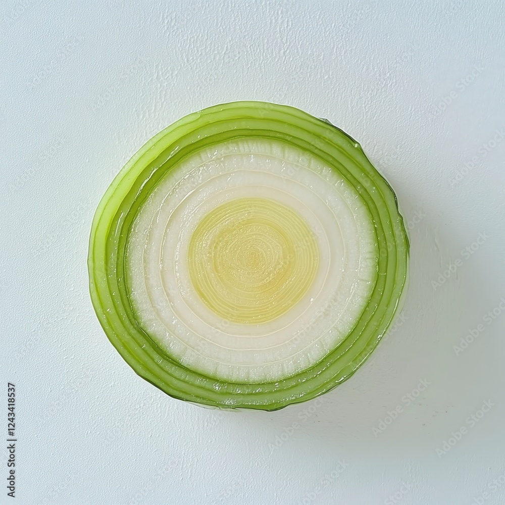Aufkleber fresh leek slice showcasing concentric green and white rings on a clean white background for culinar