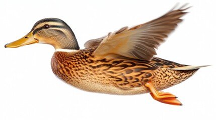 Obraz premium Brown Duck in Flight Against White Background