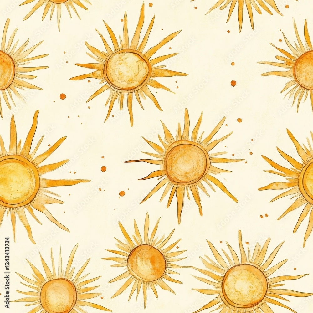 Poster vibrant watercolor doodles feature glowing golden suns radiating warmth on a soft cream background, 