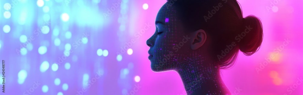 Poster serene portrait of a woman glowing with holographic panels and futuristic aesthetics in a vibrant ne