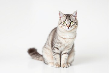 Cute tabby cat with striking green eyes sitting gracefully on a white background. The feline's fur pattern and attentive gaze create an engaging concept. Ai generative