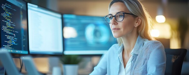 A focused woman in glasses works on multiple computer screens, analyzing data and coding in a modern office environment, highlighting the role of technology in business today.