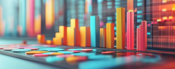 Obraz premium A vibrant digital data visualization featuring colorful bar graphs and charts, illustrating trends and insights in a modern analytic environment.