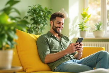 Happy man in green shirt sitting on yellow couch using smartphone, surrounded by green plants in a bright room. Relaxation and digital communication concept. Ai generative