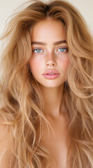 Naklejka premium Stunning woman with flowing hair showcases flawless beauty in a cosmetics campaign