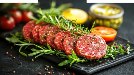 Close up of Sliced Salami with Rosemary and Spices on Dark Background