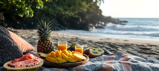 Obraz premium Exotic fruits on a platter for a tropical beach feast