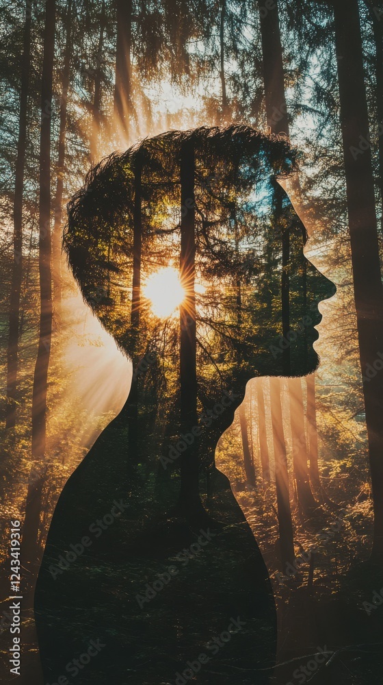 Poster silhouette of a man merging with a radiant pine forest under sunlight streaming through trees