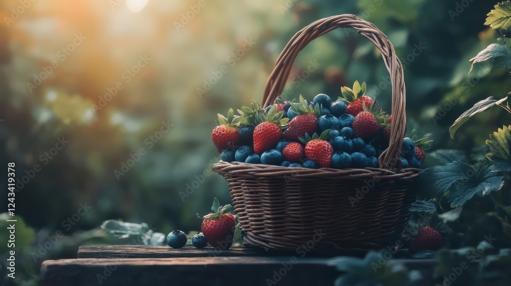 Poster rustic wicker basket filled with fresh blueberries and strawberries resting on a wooden table in a s