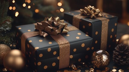 Elegant Black and Gold Wrapped Christmas Gifts with Festive Decorations
