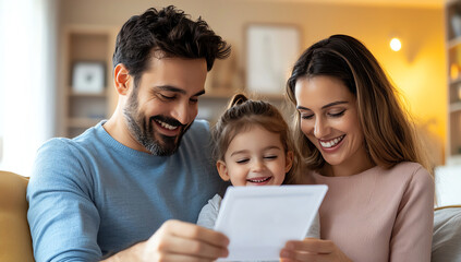 A happy family enjoying a moment together, smiling and sharing a letter. The parents and their daughter are seated comfortably at home, exuding warmth and joy in a cozy setting.