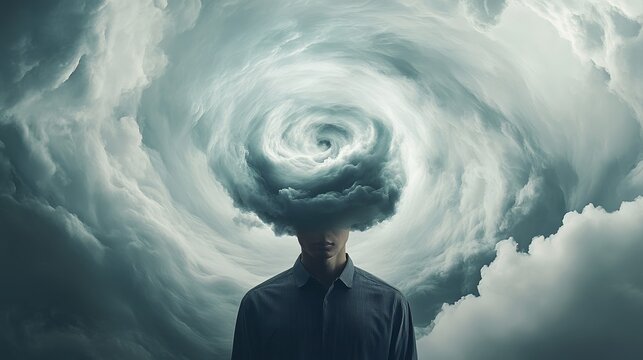 Swirling clouds replace businessman's head, symbolizing information overload, stress, burnout, and mental health challenges in demanding corporate environment