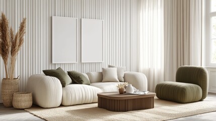 Modern Minimalist Living Room Interior Design with Beige Sofa and Green Armchair