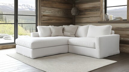 Obraz premium Off White Sectional Sofa in Modern Living Room with Mountain View