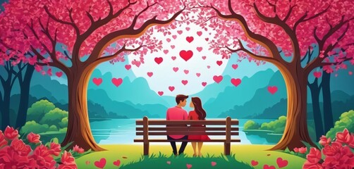 love an valentine day, loving couple under tree, greeting card paper cut art style. content with vector application and program advance tools, multi layers and groups, not image trace from bitmao.