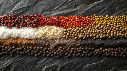 A beautifully arranged selection of multi-colored peppercorns and coarse sea salt placed neatly on a dark gray stone surface, showcasing the color diversity and texture variety.