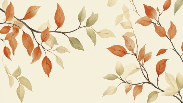 Natural design of branches with earthy olive green and terracotta leaves against sandy beige background showcasing organic warmth