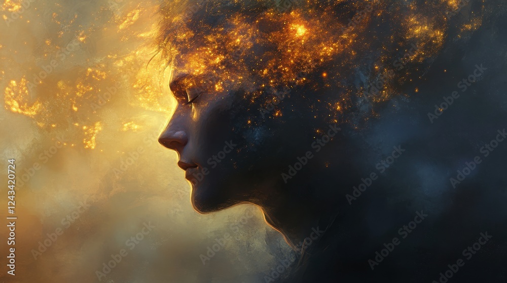 Poster mystical profile of a man illuminated by glowing beams through fog at dawn, embodying tranquility an