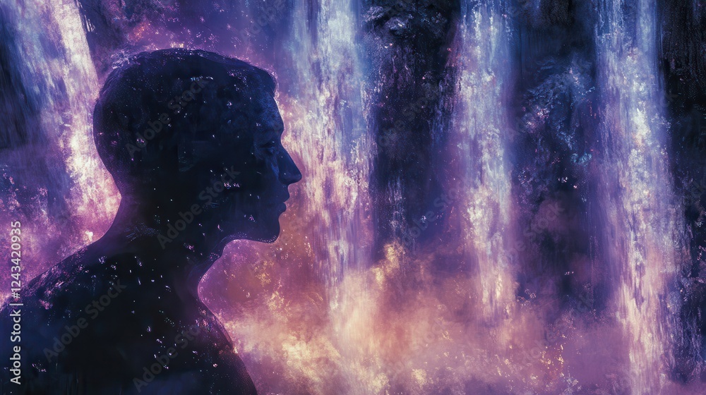 Aufkleber mystical profile of a man infused with glowing mist and powerful waterfalls at twilight