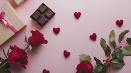 A Luxurious Dark Chocolate Bar, Adorned with an Array of Heart-Shaped Chocolates, Elegantly Placed Amidst a Romantic Setting of Crimson Roses and Delicate Greenery, Evoking a Sense of Affection and In