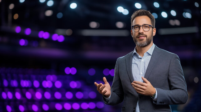 Business professional engaging an audience at a conference with compelling presentation skills