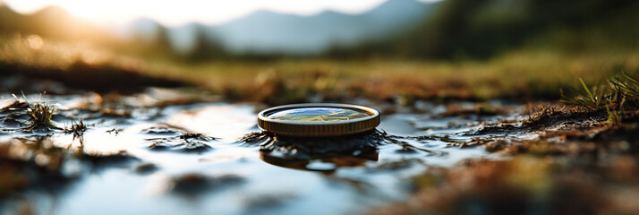 Lens Cap Reflecting Landscape in Puddle