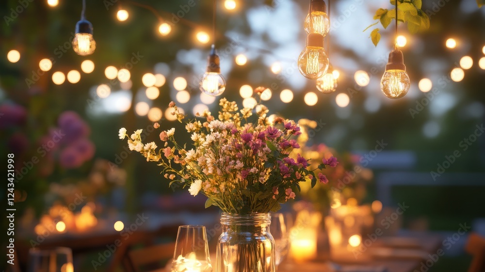 Poster rustic outdoor party with glowing floral centerpieces and soft string lights creating a warm evening