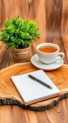 Serene Minimalist Office Desk Arrangement with a Cup of Tea, Notepad, and Decorative Green Plant on a Natural Wood Surface