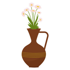 Potted chamomile. Flat vector illustration isolated on transparent background. White chamomile flowers grow in a ceramic vessel for room decor or garden planting. Vector illustration