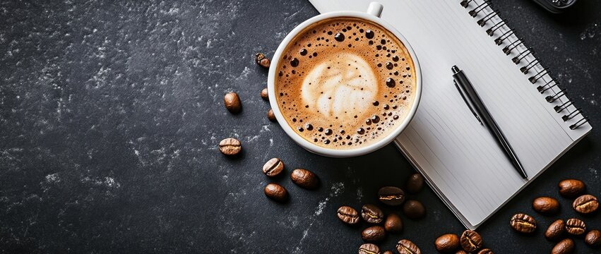 Aromatic coffee with latte art in a white cup, beside a notebook and pen, on a dark marble surface scattered with coffee beans.
