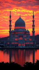 Obraz premium Majestic Mosque at Sunset with Water Reflection