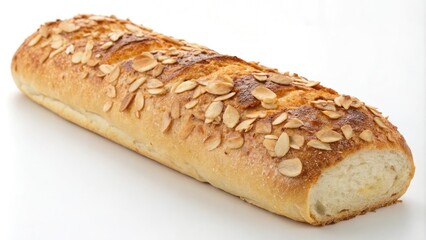 Toasted almond-crusted baguette with a crispy, golden-brown crust and a soft interior, culinary presentation, toasted almonds, artisanal bread, crunchy topping