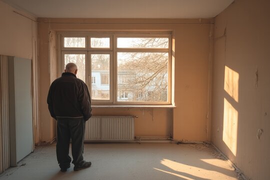 Elderly man gazes thoughtfully out of a window in a deserted, sunlit room