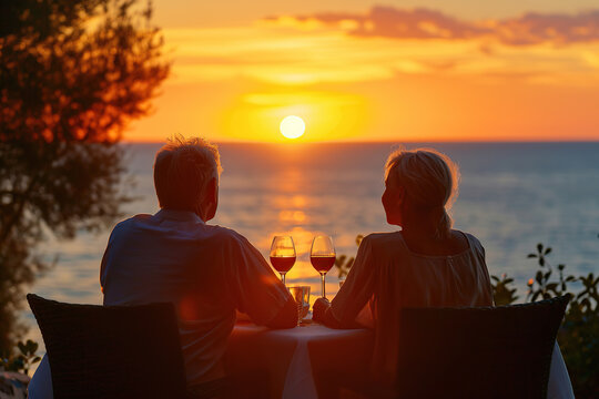Senior couple enjoying romantic dinner near the sea on sunset background