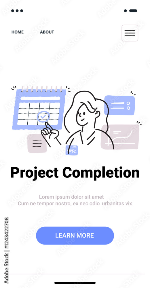 Poster project completion concept with person checking calendar and charts in minimalist doodle style mobil