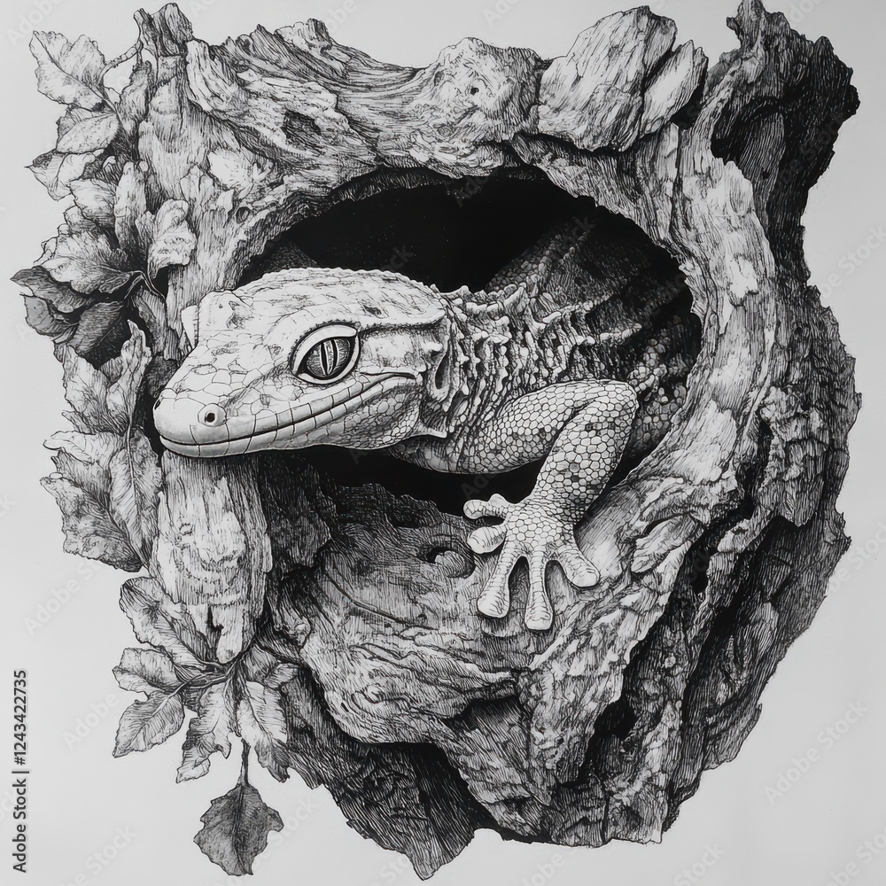 Aufkleber gecko blends seamlessly with its habitat, showcasing intricate patterns and textures in detailed pen