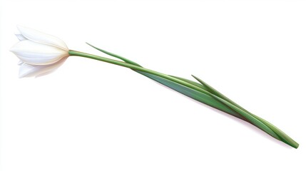 Single White Tulip with Long Green Stem on White Background