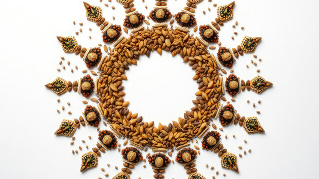 Top view of zira cumin jeera seeds arranged in a circle on white backdrop, circle, organic, top view