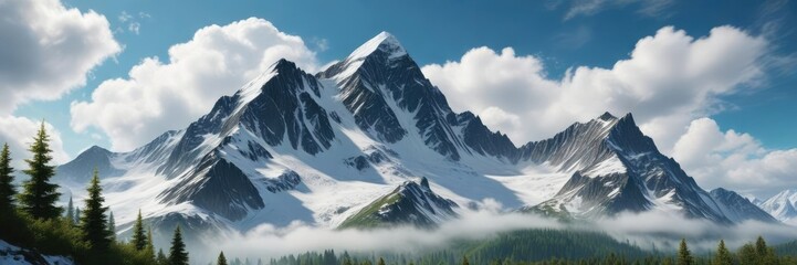 Obraz premium Towering snowy mountain peak with lush green trees and soft white clouds drifting across the sky, peaceful, scenery, snow