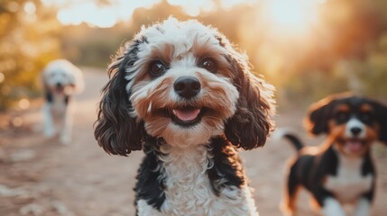 Happy Fluffy Puppy with Friends in Golden Hour Sunlight
