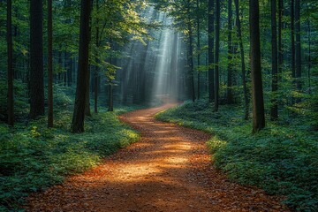 Fototapeta premium Sunlit Path Winding Through A Lush Green Forest