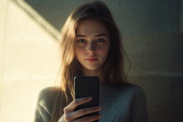Young woman holding and using smartphone in dark room