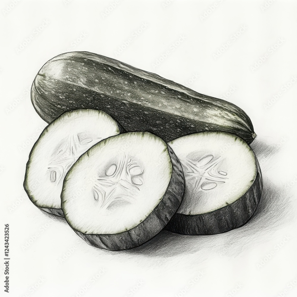 Aufkleber freshly sliced cucumber rounds illustrated in pencil with a whole cucumber in the background